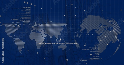 Image of data processing with spinning globe and world map over transparent background
