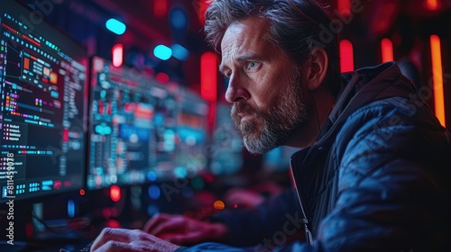 A malevolent hacker in a black hoodie hunched over a computer terminal in a dimly lit room.