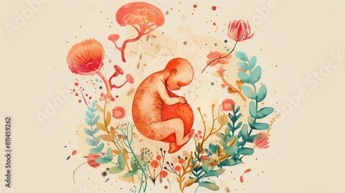 An illustration of a fetus curled up in a circle, surrounded by colorful flowers and plants.