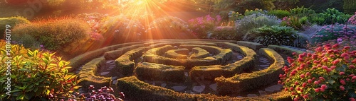 Labyrinth garden at sunrise, montage of dewy flowers and winding paths, soft light, vibrant colors, eye-level view, detailed