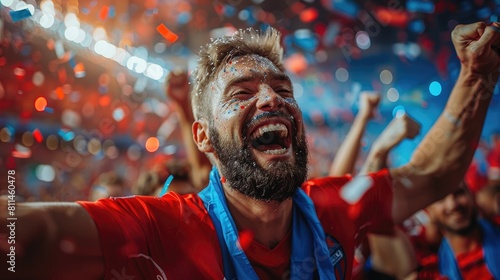 Ecstatic male sports fan celebrating victory of his favorite team.