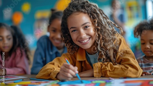 A smiling girl is drawing with markers.