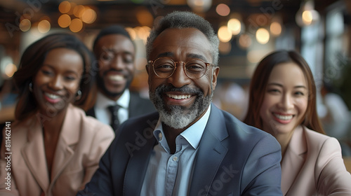 Group of happy multiethnic business people in formal wear gathered around computer in office