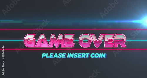 Image of game over please insert coin against blue light spot against grey background