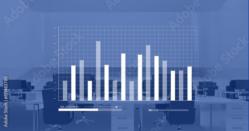 Blue and white graph processing data over computers on desks in empty office