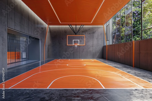 A view of an indoor basketball court featuring a basketball hoop and markings on the floor. Generative AI