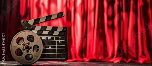 Clapperboard and film reel movie background with red curtain background