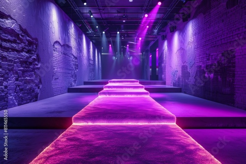 A long, narrow hallway with purple walls and a purple carpet. Fashion show catwalk or podium stage