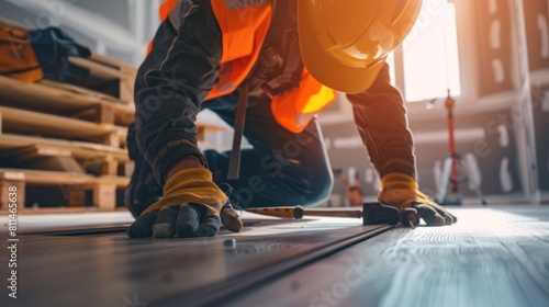 Close up man worker installing new laminated vinyl wooden floor at home renovation