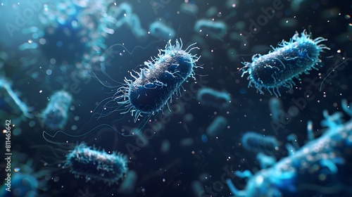 Bacteria, microwaiting in the air. The background is dark blue with light shining on it.