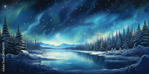 A snowy landscape at night is full of conifers and lights, creating spectacular backdrops in sky-blue.