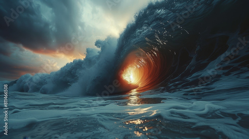 A large wave with a bright orange sun in the middle of it. The sun is reflecting off the water, creating a beautiful and serene scene