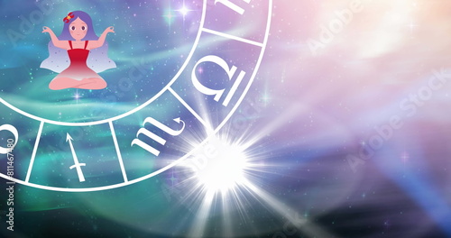 Image of star sign with horoscope wheel spinning over stars on green to purple background