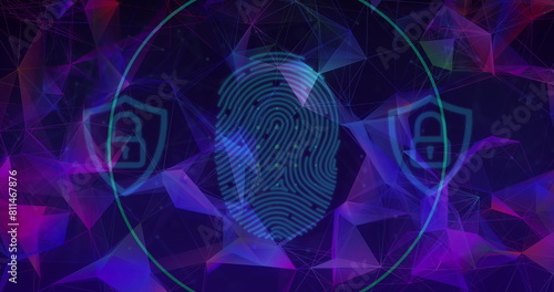 Image of digital data processing and fingerprint over dark background