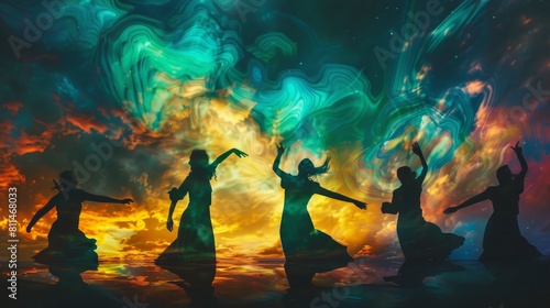 Darkened outlines of dancers against a colorful sky