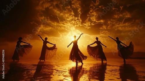 Darkened outlines of dancers against a radiant horizon