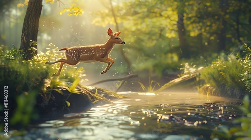  Graceful deer leaping over a babbling brook in a sunlit forest clearing. 