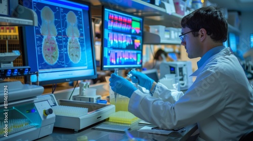 a veterinary lab specializing in microbiome engineering showing scientists analyzing and adjusting the gut microbiomes of livestock to improve feed digestion