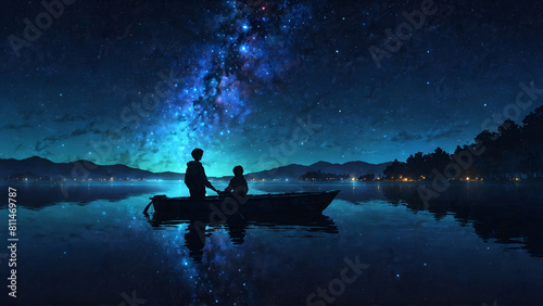 Illustration silhouette people in a canoe looking at a beautiful starry night.