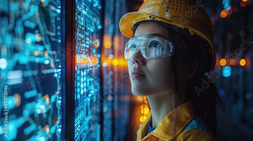 Thoughtful female engineer in hard hat and safety glasses looking at the data center.