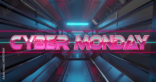 Image of cyber monday text in pink metallic letters over blue neon lights