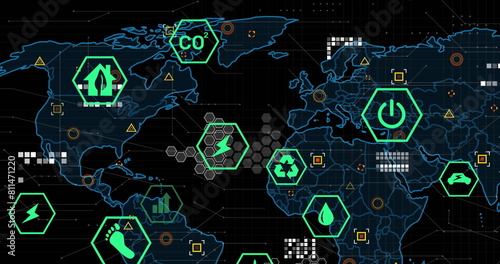 Image of multiple digital icons over world map and data processing against black background