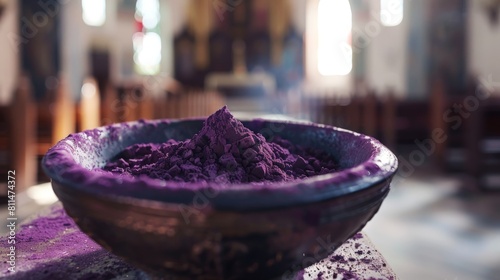 A close-up photograph capturing purple ashes in a ceremonial dish, symbolic of Ash Wednesday, with a blurred background depicting an empty church interior