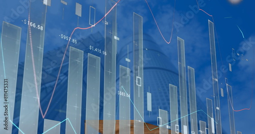 Image of statistical data processing against low angle view of tall buildings