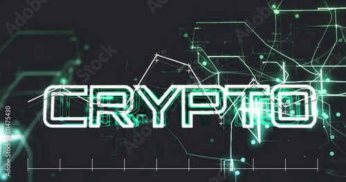 Image of data processing over crypto text banner and light trails against black background