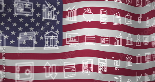 Image of interface with multiple digital icons against waving usa flag background