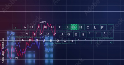 Image of illuminated pattern moving on keyboard with multiple graphs and changing numbers