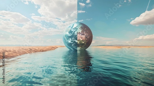  Half globe immersed in water on one side and arid desert on the other, prompting reflection on the unequal distribution of resources and the imperative for global action to address water scarcity.