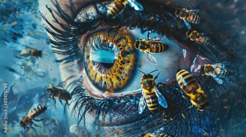 A mesmerizing artwork showcasing the intricate dance of bees around a visionary eye, set against a backdrop of tranquil blue tones that inspire reflection and contemplation
