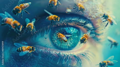 A mesmerizing artwork showcasing the intricate dance of bees around a visionary eye, set against a backdrop of tranquil blue tones that inspire reflection and contemplation