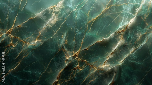 A mesmerizing close-up view of a green marble surface with intricate golden veins running through it, creating a sense of elegance and opulence