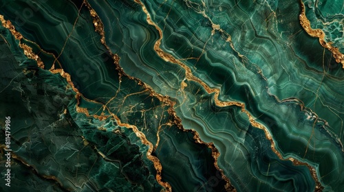 A mesmerizing close-up view of a green marble surface with intricate golden veins running through it, creating a sense of elegance and opulence