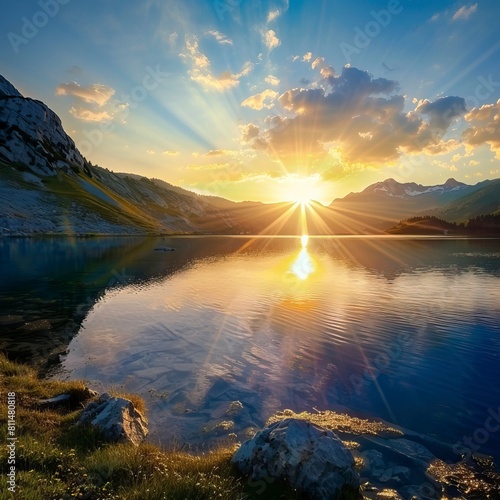 A lake in the mountains at the dawn of the sun