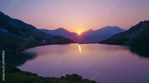 A lake in the mountains at the dawn of the sun