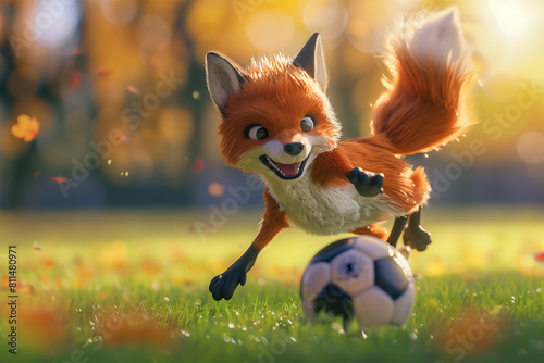 An AI generative image of fox playing football at field. Fox in the box concept.