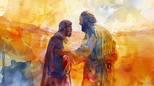 Parable of the Prodigal Son with the father welcoming his wayward son home
