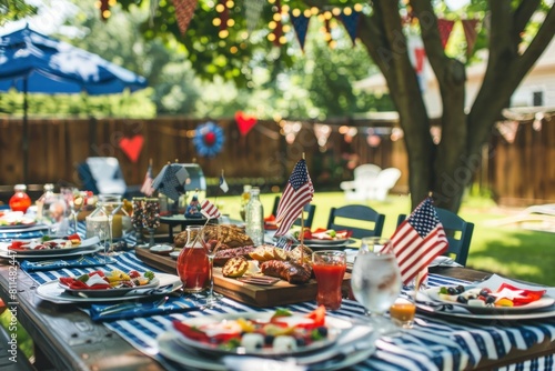 A festive Independence Day barbecue setup in backyard with American decorations and a variety of food. 4th of July, american independence day, happy independence day of america , memorial day concept