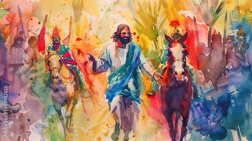 Joyful watercolor depiction of Jesus' triumphal entry into Jerlem