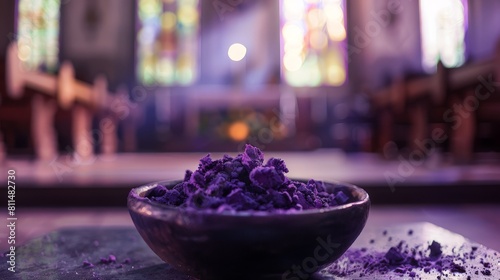 A poignant image depicting purple ashes in a ceremonial dish, symbolizing the solemnity of Ash Wednesday, with a blurred background of an empty church sanctuary
