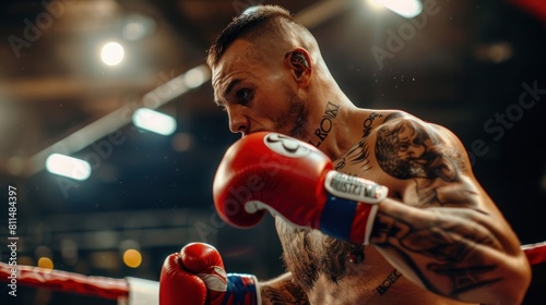 the boxer in the ring is muscular and tattooed