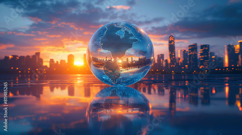 A round and clear crystal ball with a world map inside of it with a blurry background of modern cityscape, depicting the global warming in the world