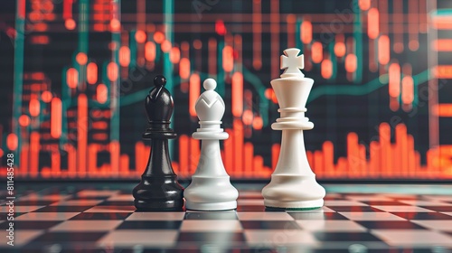  A strategic duel on a chessboard, with the drama of stock market graphs providing a compelling background narrative