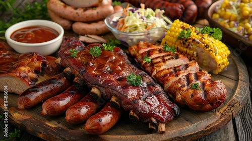 A BBQ platter filled with grilled meats, such as ribs, chicken, and sausages, accompanied by sides like cornbread and coleslaw.
