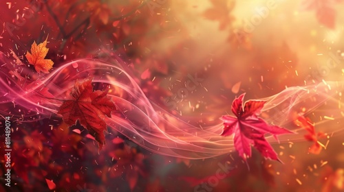 Amidst the autumn foliage, vibrant red leaves dance gracefully amidst swirling tendrils of color smoke, infusing the web design banner with an enchanting mystic atmosphere