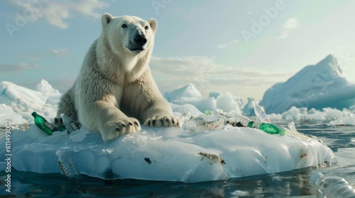 A polar bear is sitting on top of a pile of garbage in the ocean