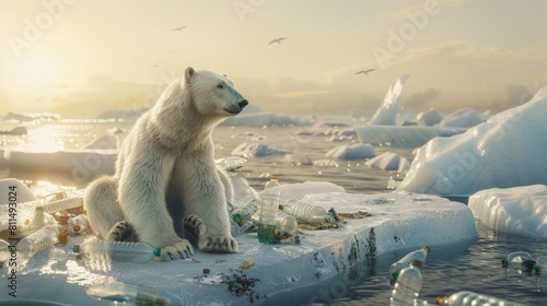 A polar bear sits on a block of ice in the ocean